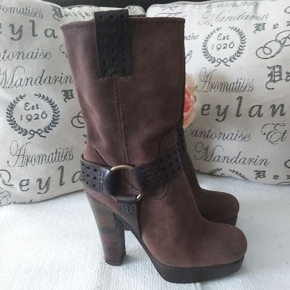 Frye Harmony heel suede leather boots brown harness platform - Picture 2 of 16